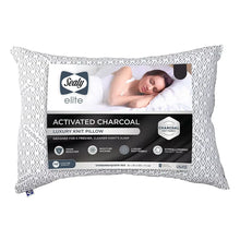 Geometric pattern charcoal pillow with fabric label and matching border trim