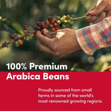 Hands holding coffee cherries on vine with 100% premium Arabica message