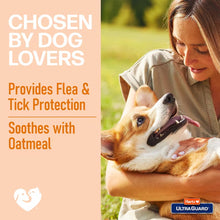 Promotional graphic of a person holding a dog beside Hartz oatmeal shampoo