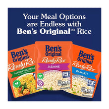 Meal options card with three ReadyRice pouches: Jasmine, Garden Vegetable, Basmati