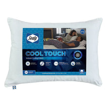 Light blue rectangular pillow with Sealy Cool Touch label on front