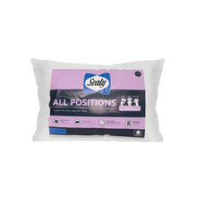 White Sealy All Positions pillow with purple product label