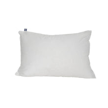 White rectangular pillow with sewn edges and small brand tag