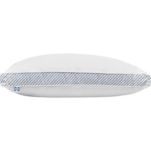 White pillow with blue-and-gray striped gusset side