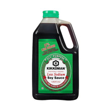 Kikkoman less sodium soy sauce bottle with green cap and handle, 40 oz