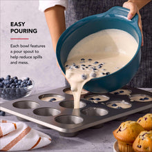 Agave teal plastic mixing bowl with pour spout, held above muffin pan