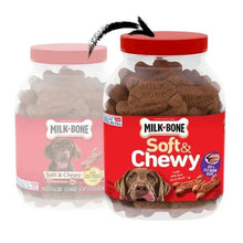 Dog treat jar and smaller container with brown bone-shaped soft chews, red lids