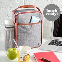 Gray insulated lunch bag with orange trim, front slip pocket, and top handle