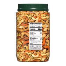 Back of the trail mix jar showing nutrition facts among the visible nut and snack mix