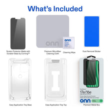 iPhone privacy screen protector kit with glass panel, wipes, stickers, and application tray
