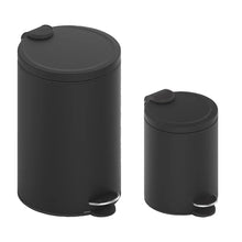 Matte black metal step-on trash can set with round lids and pedal openings