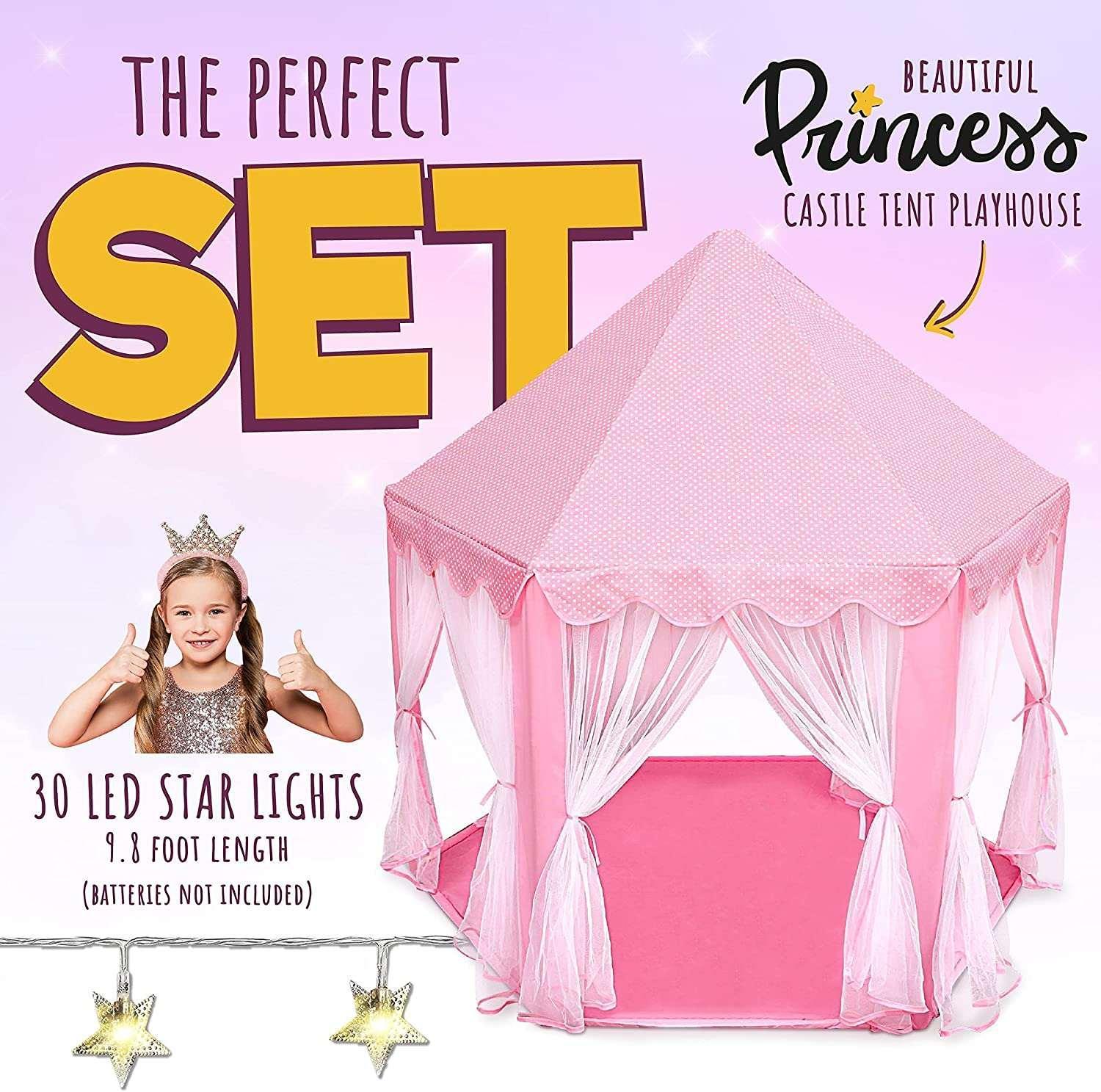 ORIAN Princess Castle Playhouse Tent for Girls with LED Star Lights – Indoor & Outdoor Large Kids Play Tent for Imaginative Games – Princess Tent, 230 Polyester Taffeta. Pink 55"x53". - USA MEGA SHOP