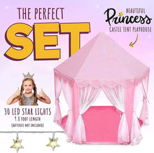 Pink princess castle tent playhouse with peaked roof and sheer drapes; LED star lights feature.