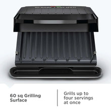 George Foreman grill and panini maker, black front view with ridged plates