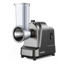 Electric cheese grater with transparent hopper and stainless shredding drum on a gray base.