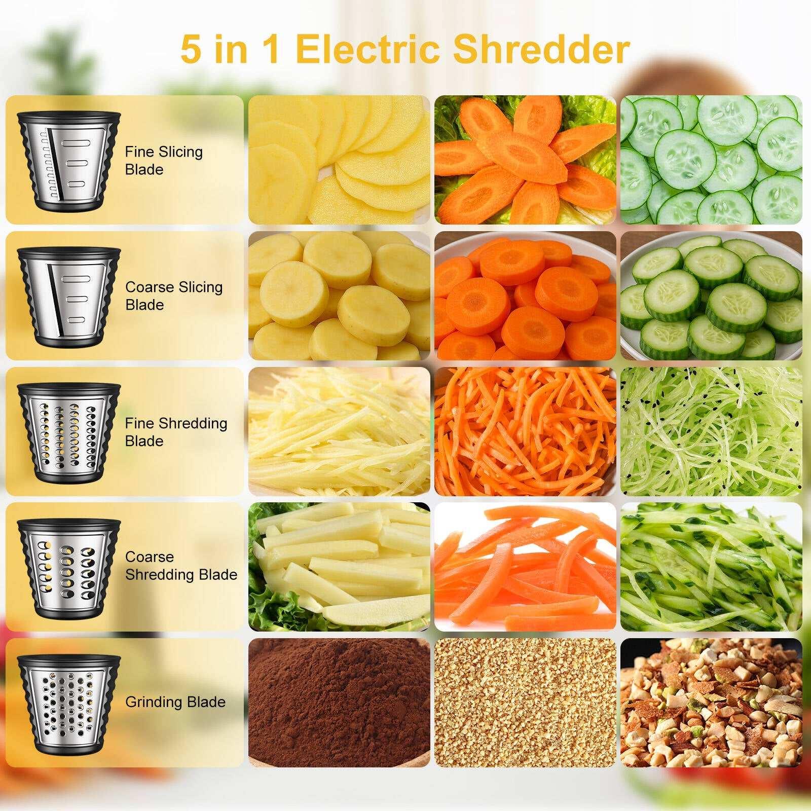 VAVSEA 5-in-1 Electric Cheese Grater, 400W Electric Cheese Shredder with 5 Stainless Blades, Salad Maker with One-Touch Control for Cheese, Vegetables and Fruits, Gifts for Christmas - USA MEGA SHOP