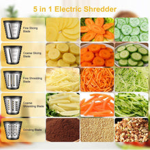 Electric cheese grater with five stainless blade options for slicing and shredding.