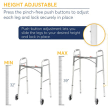 Height-adjustable folding walker with push-button locks, grey frame and wheels