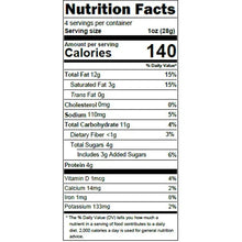 Nutrition Facts panel for cashew snack showing 140 calories per serving