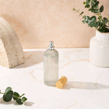 Room and linen spray bottle, clear glass with metallic mist sprayer
