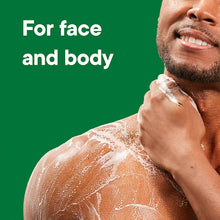Man applying white lather to face and neck, for face and body wash