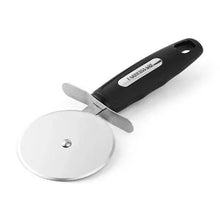 Pizza cutter with stainless cutting wheel and black handle, angled blade