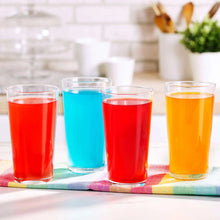 Clear cups filled with red, blue, and orange juice