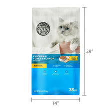Dry cat food bag with chicken & turkey flavor; 35 lb size and panel text