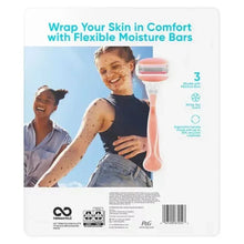 Razor handle and cartridge set on packaging with three moisture bars