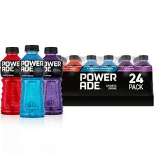 Powerade sports drink variety pack with 24 bottles: red, blue, purple.