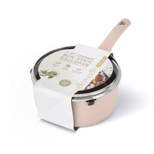 2 qt pink ceramic non-stick saucepan with glass lid, product sleeve attached