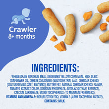 Gerber lil’ crunchies mild cheddar ingredients panel with crawler 8+ months icon