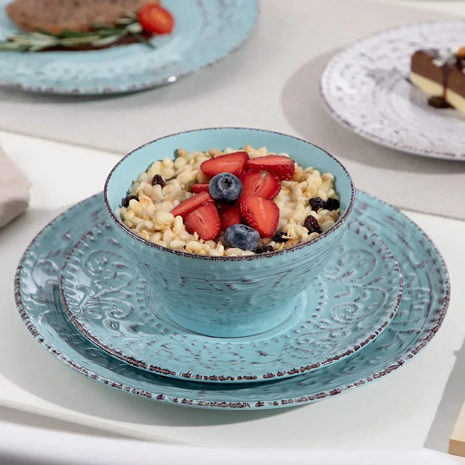 Vancasso, Series Vine, 16-Piece Stoneware Dinnerware Set, Blue and Beige Dinner Set, Service for 4