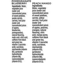 V8 Energy ingredient lists for Pomegranate Blueberry and Peach Mango cans