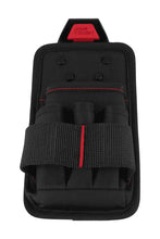Tool pouch organizer with wrapped front pockets, black fabric, red accent seam