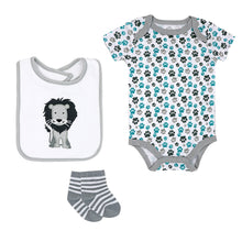 Baby bib, paw-print bodysuit, and gray striped socks set