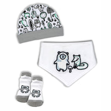 Baby cap, bib and socks: woodland-animal print hat, white bib and gray socks