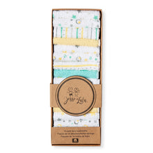 Baby towel set in box: layered terry cloths in white, yellow, mint, and gray