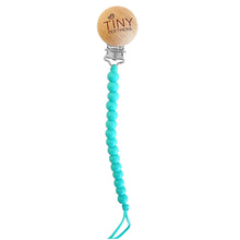 Pacifier clip toy: wooden disc TINY TEETHERS with turquoise bead string
