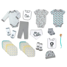 Baby layette set: striped bodysuit, gray pants, socks, bib, hat, mittens