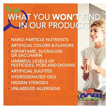 Ingredient claims card: What you won't find list, with NOW logo and product image