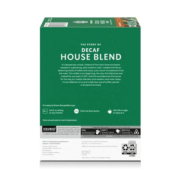 Starbucks Decaf House Blend, Hot or Iced Coffee, Medium Roast K-Cup Coffee Pods, 22 Count