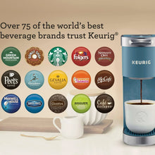 Teal single-serve coffee maker brewing into a white mug