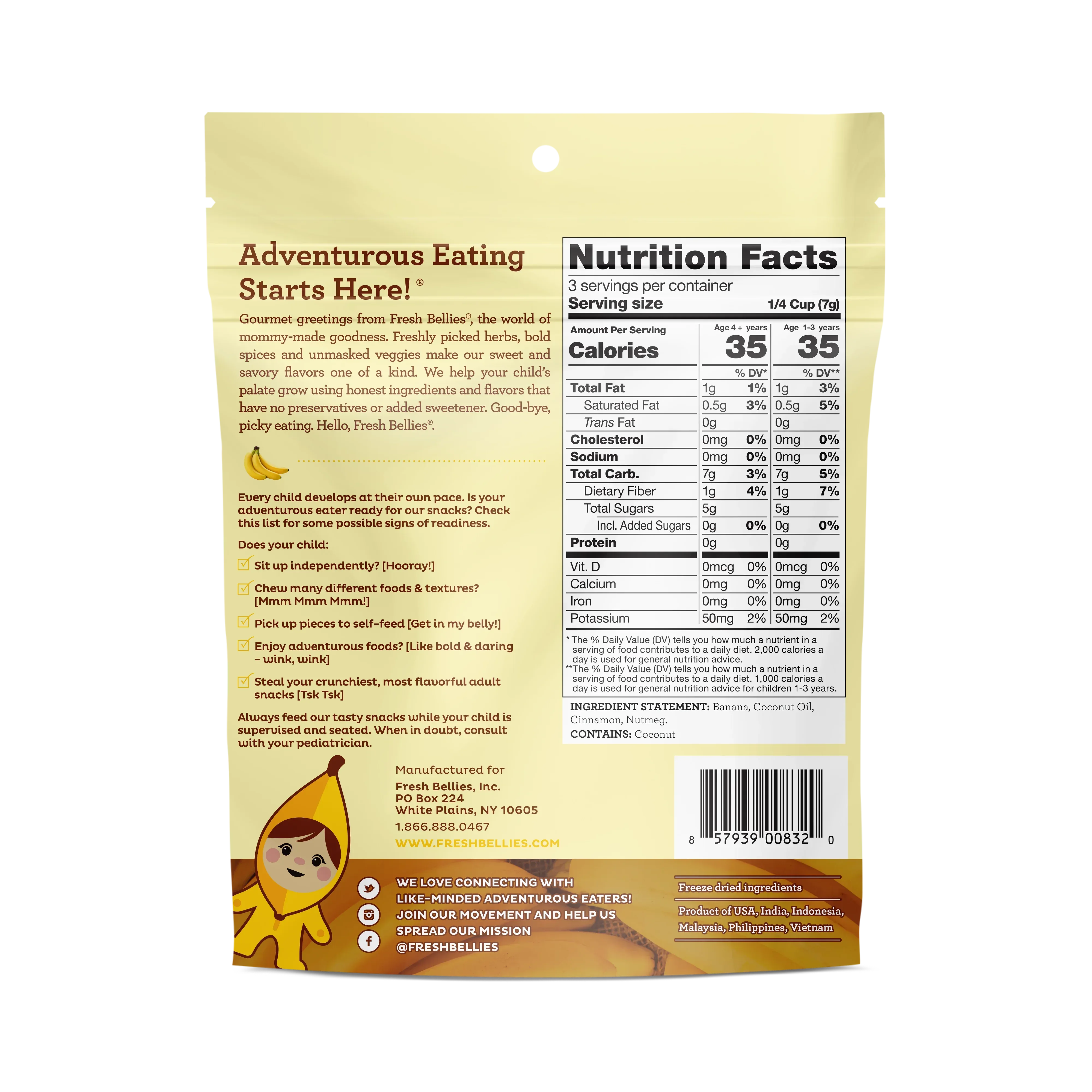 Fresh Bellies Banana-Fana-Fofana Freeze-Dried Toddler Snack, 0.75 oz, Resealable Pouch, 3 Ingredients, Vegan, Gluten-Free