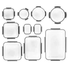 Clear Tritan food container lids and bases with black handles, assorted shapes