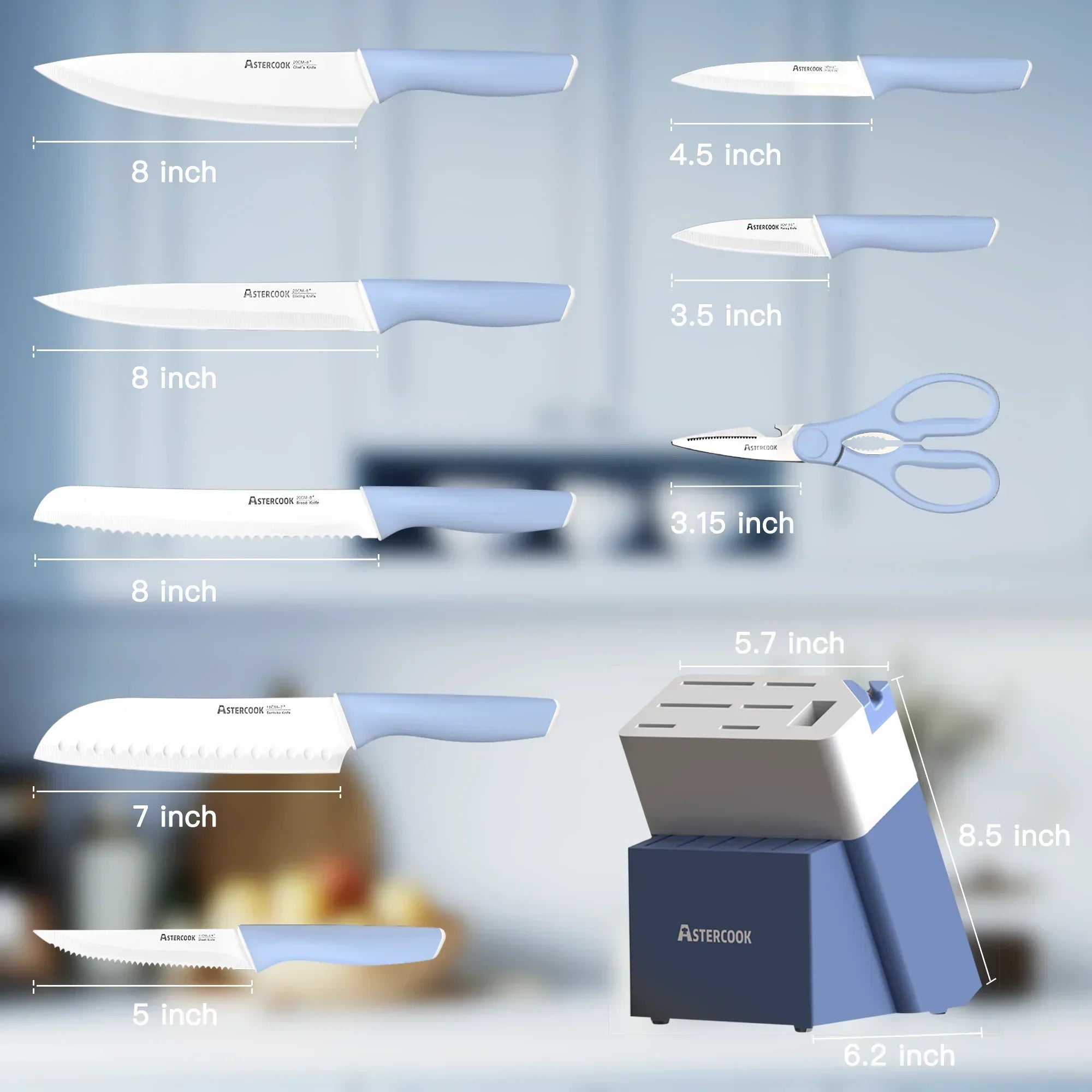 Astercook Knife Set, 14 Pieces Kitchen Knives Set with Healthy Anti-Rust Coating, Stainless Steel Knife Sets with Built-in Sharpener, Sharp & Rust Resistant Dishwasher Safe - USA MEGA SHOP