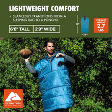 Blue wearable sleeping bag with hood and zip-front, worn over a person’s torso.