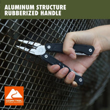 Black-handled multi-tool held in hand, showing pliers jaws and cutting tools