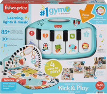 Fisher-Price blue Glow and Grow Kick & Play piano gym playmat product box