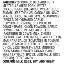 Meatballs ingredient label listing beef, pork, marinara sauce, and allergens